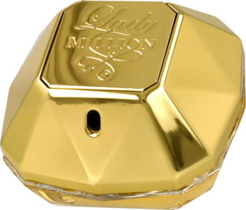 Złoty, błyszczący flakon perfum Paco Rabanne Lady Million w kształcie fasetowanego diamentu, widok z góry.