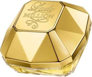 Złoty, diamentowy flakon perfum Lady Million Paco Rabanne z napisem, widok z przodu, delikatnie pod kątem.