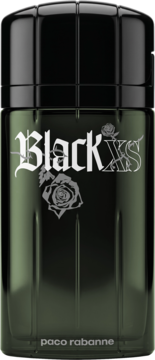 Paco Rabanne Black XS, męska woda toaletowa, ciemna butelka z czarną nakrętką, napisem i różą, widok z przodu.