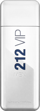 Carolina Herrera 212 VIP Men woda toaletowa, srebrna butelka z niebieskim napisem 212, widok z przodu.