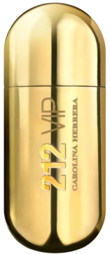Carolina Herrera 212 VIP, złoty flakon perfum w kształcie kapsuły, z napisem 212 VIP, widok z przodu.