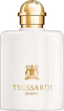 Biała, prostokątna butelka Trussardi Donna woda perfumowana ze złotym herbem i nakrętką, widok z przodu.