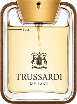Eleganckie perfumy męskie Trussardi My Land, prostokątna butelka w brązowej skórze, ze złotym korkiem, z przodu.