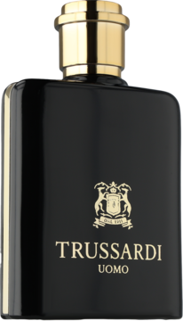 Czarne perfumy Trussardi Uomo, prostokątny flakon ze złotym korkiem i herbem, widok z przodu pod kątem.