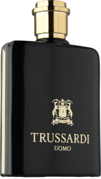 Czarna, prostokątna butelka męskiej wody perfumowanej Trussardi Uomo ze złotym herbem i nakrętką, widok przodem.