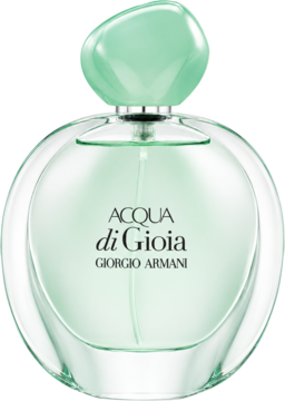Woda perfumowana dla kobiet Armani Acqua di Gioia w okrągłej butelce z zielonym korkiem, widok z przodu.