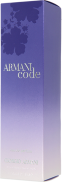 Pudełko Armani Code eau de parfum w fioletowo-lawendowym gradiennie, z floralnym wzorem i srebrnym logo, widok pod kątem.