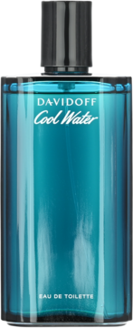 Błękitna woda toaletowa Davidoff Cool Water w szklanej, prostokątnej butelce z czarną nakrętką, widok z przodu.