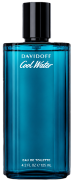 Davidoff Cool Water męska woda toaletowa 125 ml w błękitnym flakonie z czarną nakrętką, ujęcie z przodu.
