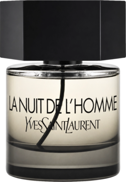 Yves Saint Laurent La Nuit de L'Homme męska woda toaletowa fougere w szklanej butelce, czarna nakrętka, widok z przodu.
