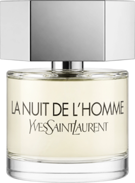 Yves Saint Laurent La Nuit de L'Homme, butelka męskich perfum z przezroczystego szkła, srebrna zakrętka, widok z przodu.