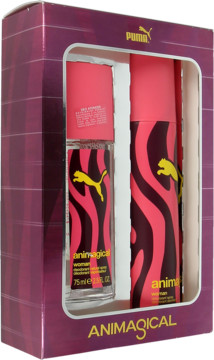 PUMA Animagical ,dezodorant odświeżający w sprayu 150 ml + perfumowany dezodorant w sprayu dla kobiet 75 ml,kompozycja-1