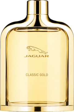 Złota butelka wody toaletowej Jaguar Classic Gold dla mężczyzn, z logo jaguara i napisem, widok z przodu.