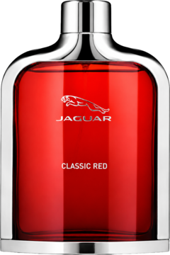 Czerwona butelka wody toaletowej Jaguar Classic Red dla mężczyzn, ze srebrnymi detalami i logo, widok z przodu.