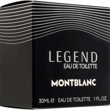 Czarna woda toaletowa Montblanc Legend 30ml dla mężczyzn, widok pudełka z białymi napisami i falistymi liniami.
