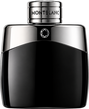 Montblanc Legend, woda toaletowa. Elegancka czarno-srebrna butelka perfum męskich z wygrawerowanym logo, widok z przodu.