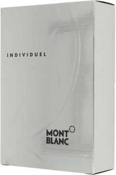 Srebrne, lśniące pudełko Mont Blanc Individuel męskiej wody toaletowej, z logo i nazwą, widok frontalny.