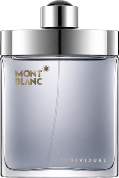 Mont Blanc Individuel EDT dla mężczyzn, prostokątna butelka z przezroczystego szkła, srebrna nakrętka, widok z przodu.