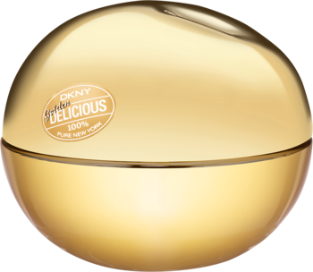 Luksusowa złota butelka perfum DKNY Be Delicious Gold w kształcie jabłka, metaliczna, widok z przodu.