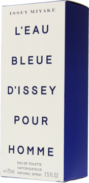 Biało-niebieskie pudełko perfum Issey Miyake L'Eau Bleue D'Issey Pour Homme, woda toaletowa 75ml, pod kątem.