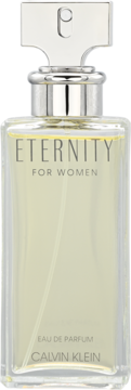 Damska woda perfumowana Calvin Klein Eternity w prostokątnej szklanej butelce, srebrna nakrętka, widok z przodu.