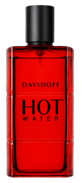 Czerwona, prostokątna butelka perfum Davidoff Hot Water, z czarną nakrętką, widok z przodu.