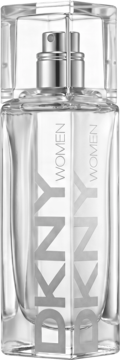 DKNY Energizing Women woda toaletowa w przezroczystej butelce ze srebrnym atomizerem i napisem, widok z przodu.