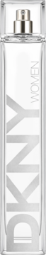 DKNY Energizing Women EDT w przezroczystej butelce z srebrnym atomizerem, logiem DKNY i napisem WOMEN. Widok z przodu.