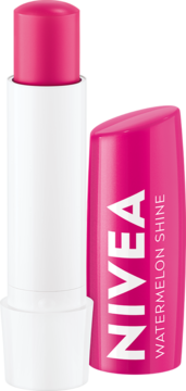 Nawilżająca pomadka NIVEA Watermelon Shine, otwarta: biały aplikator z różowym sztyftem, obok różowa nakładka.