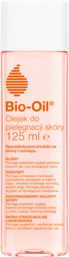 Bio-Oil olejek do pielęgnacji skóry 125ml, przezroczysta butelka na blizny i rozstępy, widok przód.