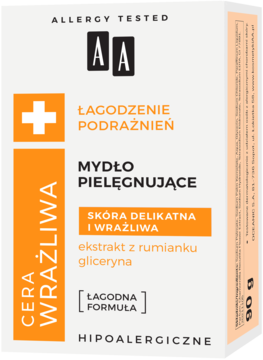 AA Cera Wrażliwa mydło pielęgnujące do skóry wrażliwej, biało-pomarańczowe pudełko, widok z przodu.