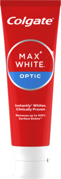 Czerwona tubka pasty Colgate Max White Optic, widok z przodu, z napisem MAX WHITE na niebiesko-srebrnym tle.