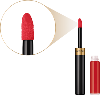 Zbliżenie na czerwoną pomadkę Max Factor Lipfinity 125 So Glamorous z aplikatorem, widoczny balsam.