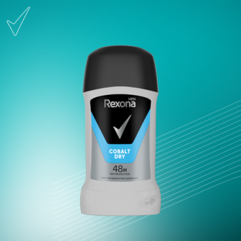 Antyperspirant Rexona Men Cobalt Dry w białym sztyfcie z czarną nakrętką, niebieskim logo 48h, widok z przodu.
