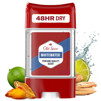 Antyperspirant Old Spice Whitewater 48HR Dry w czerwonym sztyfcie, otoczony limonkami, bursztynem i wodą.