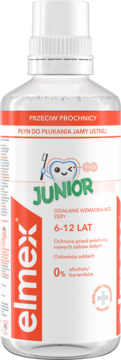 Płyn Elmex Ochrona Przed Próchnicą Junior, dla dzieci 6-12 lat, biało-czerwona butelka, widok z przodu.