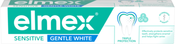 Opakowanie pasty do zębów elmex Sensitive Gentle White, białe z zielonym logo i grafiką zęba.