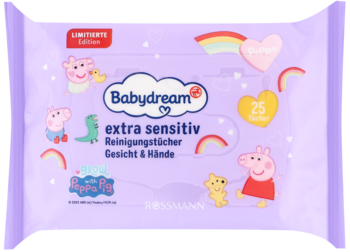 Fioletowe chusteczki Babydream extra sensitiv Peppa Pig, 25 sztuk, do twarzy i rąk, widok z przodu.