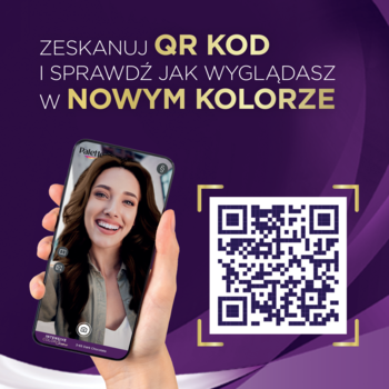 Reklama Palette Intensive Color Creme. Dłoń trzyma smartfon z wirtualną przymiarką koloru włosów. Obok duży QR kod.