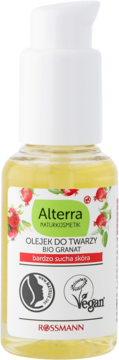 Alterra Olejek do twarzy BIO Granat do bardzo suchej skóry, żółty płyn w butelce z białą pompką, etykieta z granatem, widok frontalny.