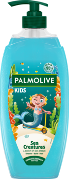 Palmolive Kids Sea Creatures żel 3w1, niebieska butelka z zieloną pompką. Etykieta z syrenką na hulajnodze, przód.