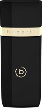 Czarna butelka perfum Bugatti Eleganza Intensa ze złotą opaską i logo 'b', widok z przodu.