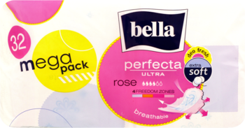 Różowo-żółte opakowanie Bella Perfecta Ultra Rose, 32 ultracienkie podpaski extra soft, z freedom zones, widok z przodu.
