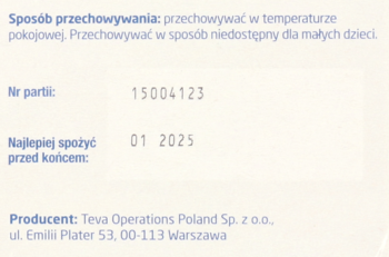 Vibovit Junior, tył opakowania z czarnym tekstem. Widoczne: data ważności 01.2025, numer partii i dane producenta.
