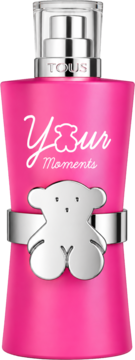 Tous Your Moments woda toaletowa, fuksjowa butelka ze srebrnym misiem Tous i białym napisem, widok z przodu.