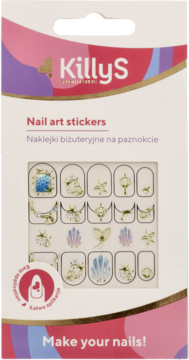 Białe opakowanie KillyS Nail art stickers, naklejki na paznokcie w morskim stylu, złote zdobienia. Widok z przodu.