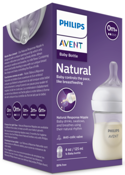 Fioletowe opakowanie butelki Philips Avent Natural Baby Bottle 0m+ z naturalnym smoczkiem, widok pod kątem.