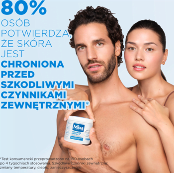 Mixa Ceramide Protect, ochronno-nawilżający krem z ceramidami w białym słoiku, trzymany przez dwoje modeli.