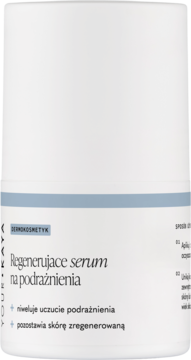 Białe serum Your Kaya Regenerujące na podrażnienia, dermokosmetyk, pionowa butelka z niebieskim paskiem, widok z przodu.