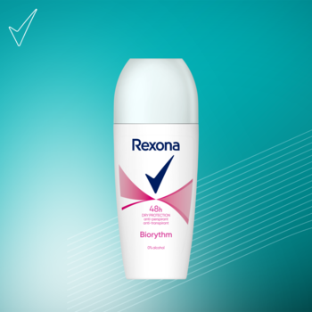 Antyperspirant w kulce Rexona Biorythm 48h, białe opakowanie z różowo-niebieskim logo, widok z przodu.